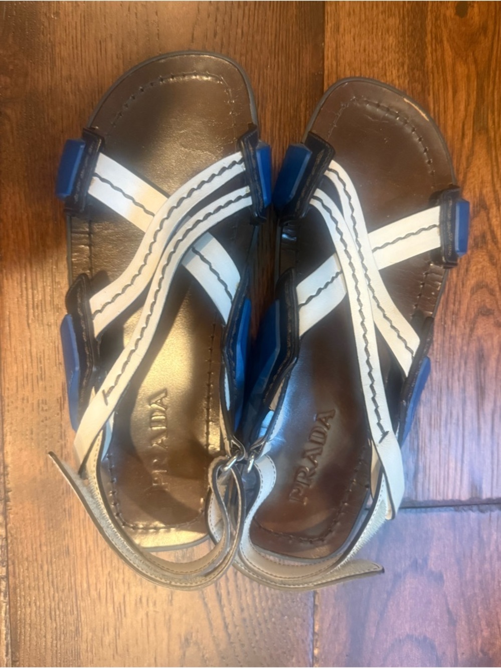 AUTHENTIC PRADA MENS LEATHER SLINGBACK SANDALS, SIZE UK 8/ US 9, WHITE/BLUE